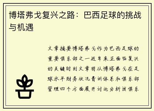 博塔弗戈复兴之路：巴西足球的挑战与机遇