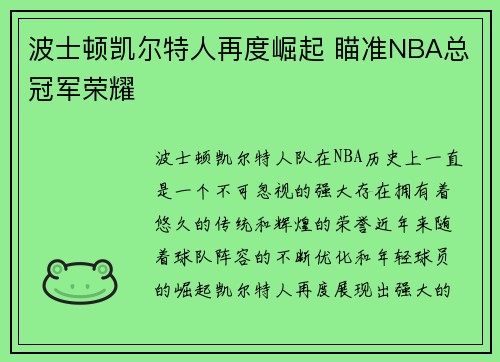 波士顿凯尔特人再度崛起 瞄准NBA总冠军荣耀