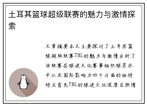 土耳其篮球超级联赛的魅力与激情探索