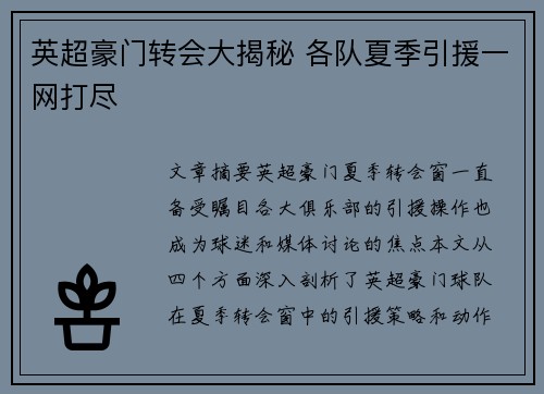 英超豪门转会大揭秘 各队夏季引援一网打尽