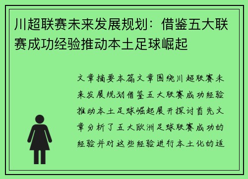 川超联赛未来发展规划：借鉴五大联赛成功经验推动本土足球崛起