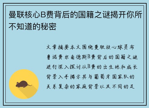 曼联核心B费背后的国籍之谜揭开你所不知道的秘密